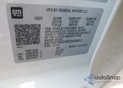 2025 GMC Sierra 1500 4Wd Short Box Slt z USA, uszkodzony, nr VIN 1GTUUDED5SZ260613